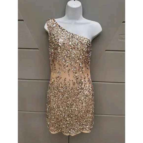 Mac Duggal 10977 Nude One Shoulder Asymmetric Sheer Hand Beaded Mini Dress Sz 12 - Picture 4 of 16